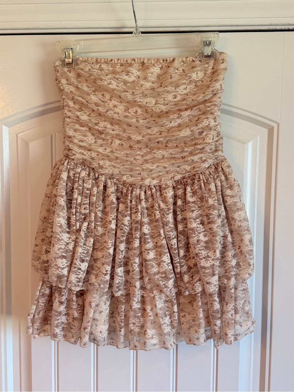 Altar'd State Strapless Lace Tiered Dress in Beige